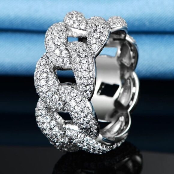 14K White Gold & White Diamond Cubic Zirconia Interlocking Cuban Statement Ring - Picture 2 of 5